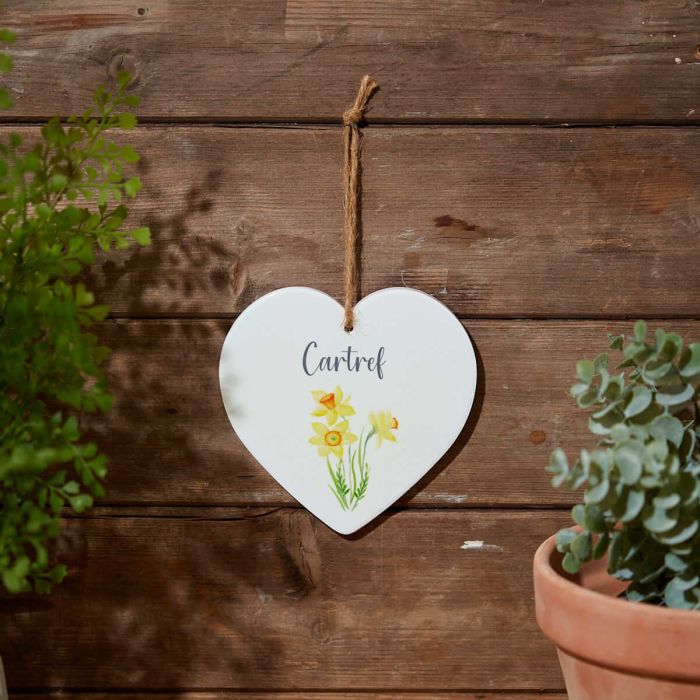 Welsh Cartref Heart Hanger White Ceramic With Daffodils