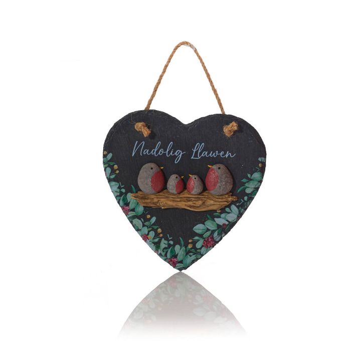Nadolig Llawen Christmas Robin Pebble Slate heart