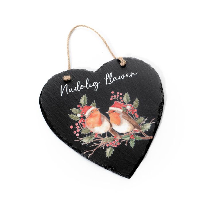 Nadolig Llawen Robin with Berries Slate Heart
