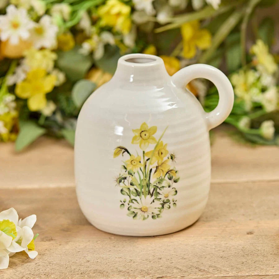 Stoneware Daffodil and Daisy Vase with Handle Ribbed Effect