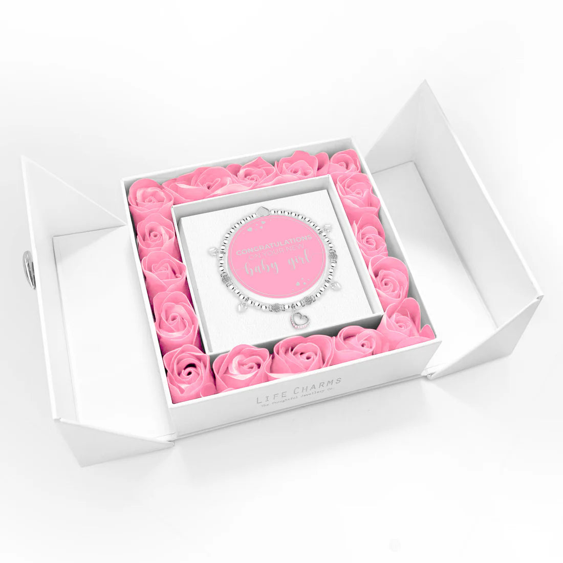 Breichled Swyn Calon Disglair Life Charms Baby Girl - Set Anrheg Bocs Blodau